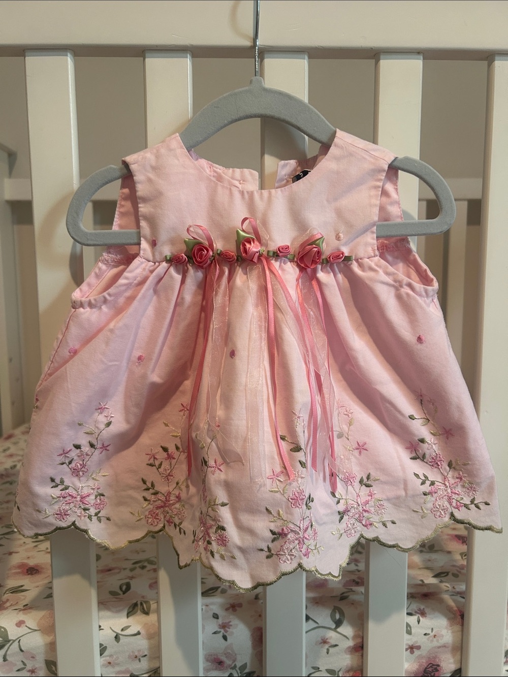 Rare Editions Light Pink Floral Embroidered Dress with Ribbon Rosettes